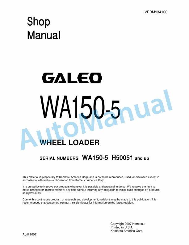Komatsu WA150-5 Galeo Wheel Loader Shop Manual VEBM934100