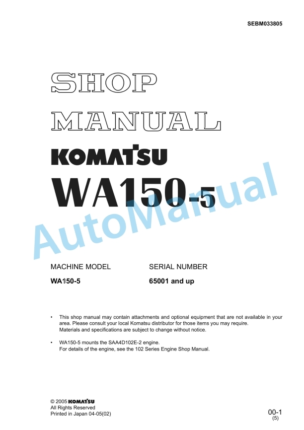Komatsu WA150-5 Wheel Loader Shop Manual SEBM033805