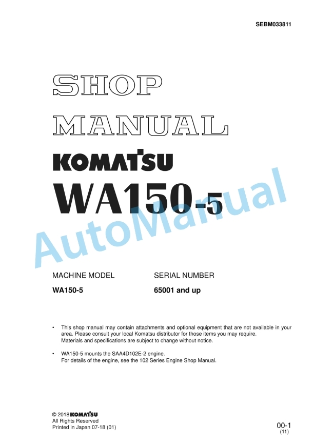 Komatsu WA150-5 Wheel Loader Shop Manual SEBM033811
