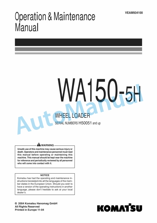 Komatsu WA150-5H Wheel Loader Operation and Maintenance Manual VEAM934100