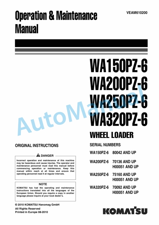 Komatsu WA150PZ-6, WA200PZ-6, WA250PZ-6, WA320PZ-6 Wheel Loader Operation and Maintenance Manual VEAM610200