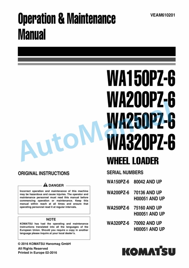 Komatsu WA150PZ-6, WA200PZ-6, WA250PZ-6, WA320PZ-6 Wheel Loader Operation and Maintenance Manual VEAM610201