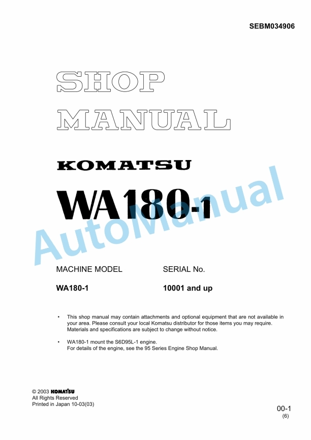 Komatsu WA180-1 Wheel Loader Shop Manual SEBM034906