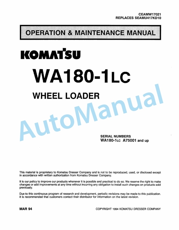 Komatsu WA180-1LC Wheel Loader Operation and Maintenance Manual CEAMW17021