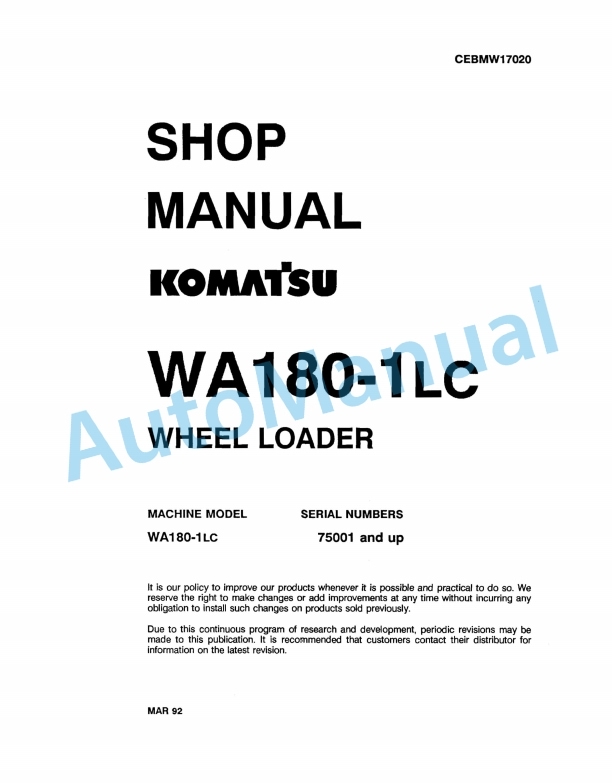 Komatsu WA180-1LC Wheel Loader Shop Manual CEBMW17020