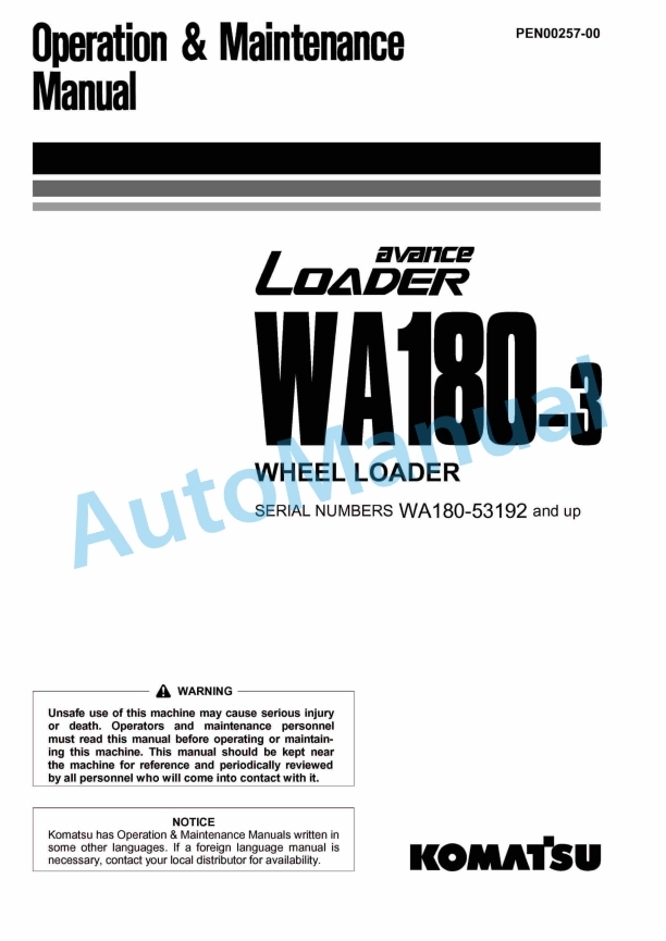 Komatsu WA180-3 Avance Wheel Loader Operation and Maintenance Manual PEN00257-00