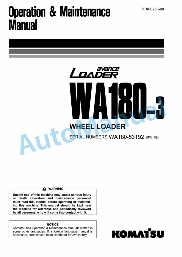 Komatsu WA180-3 Avance Wheel Loader Operation and Maintenance Manual TEN00253-00