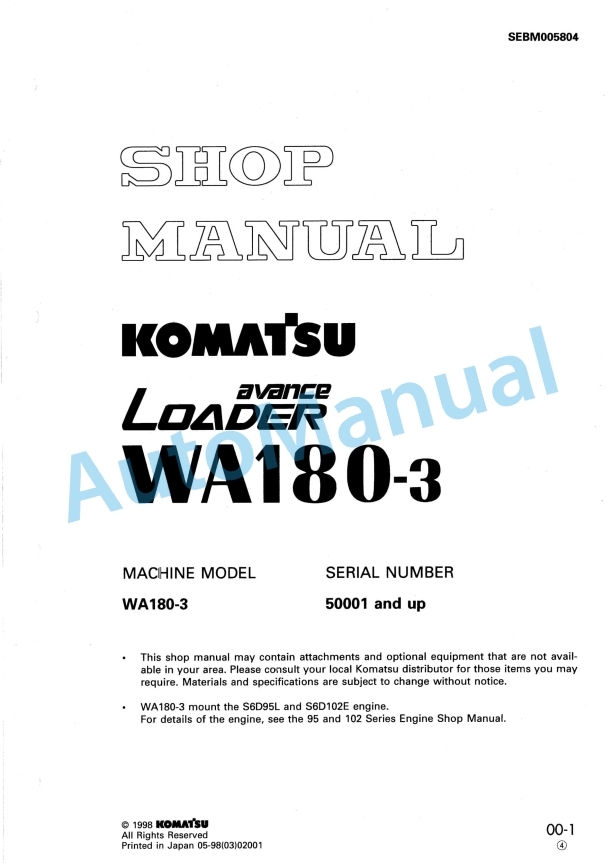 Komatsu WA180-3 Avance Wheel Loader Shop Manual SEBM005804