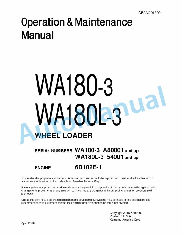Komatsu WA180-3, WA180L-3 Wheel Loader Operation and Maintenance Manual CEAM001302