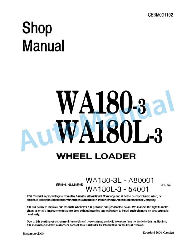 Komatsu WA180-3, WA180L-3 Wheel Loader Shop Manual CEBM001102