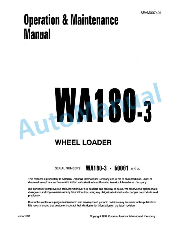 Komatsu WA180-3 Wheel Loader Operation and Maintenance Manual SEAM007401