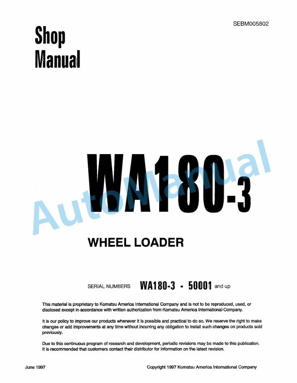 Komatsu WA180-3 Wheel Loader Shop Manual SEBM005802