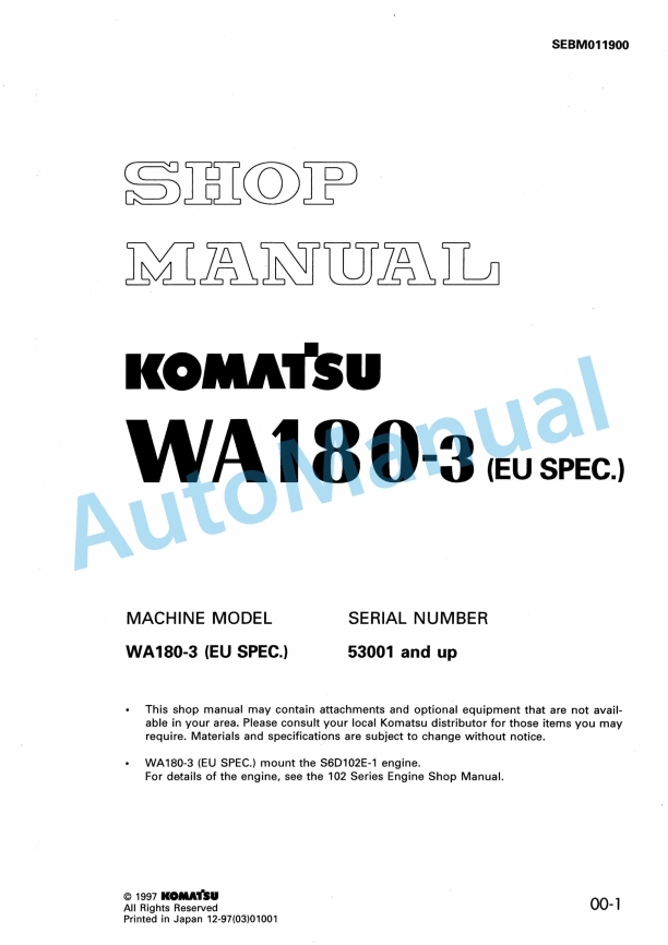 Komatsu WA180-3 Wheel Loader Shop Manual SEBM011900