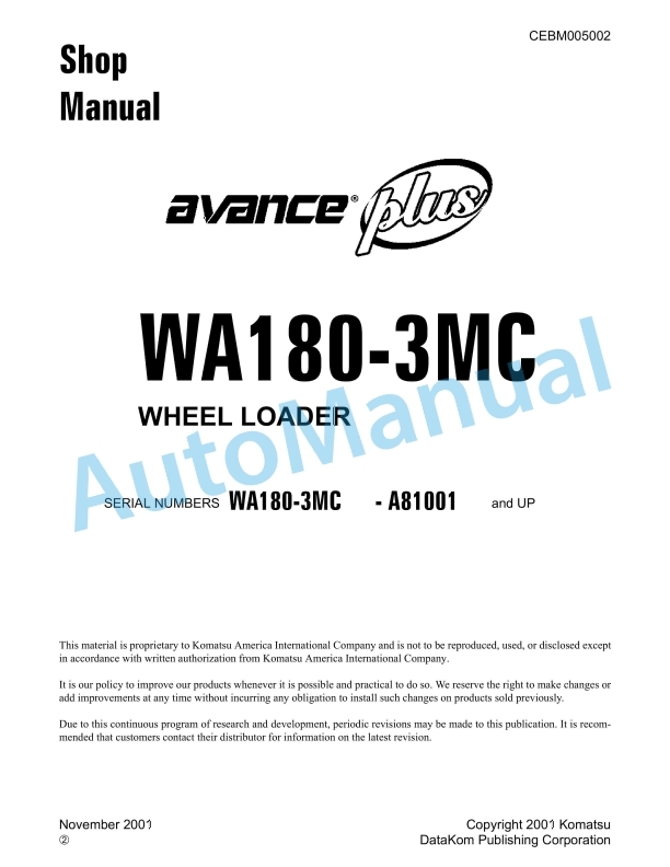 Komatsu WA180-3MC Wheel Loader Shop Manual CEBM005002