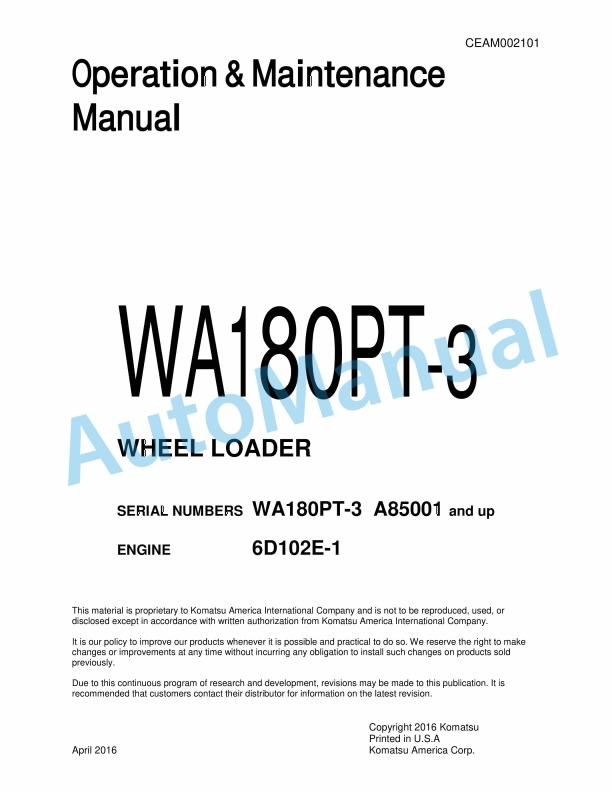Komatsu WA180PT-3 Wheel Loader Operation and Maintenance Manual CEAM002101