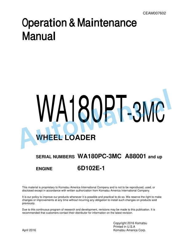 Komatsu WA180PT-3MC Wheel Loader Operation and Maintenance Manual CEAM007602