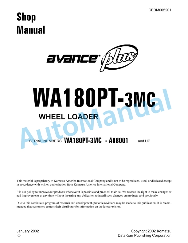 Komatsu WA180PT-3MC Wheel Loader Shop Manual CEBM005201