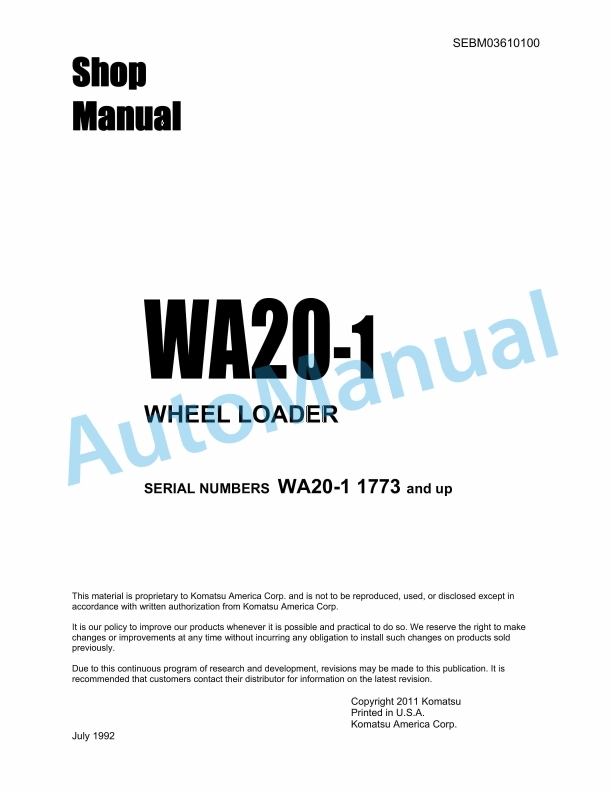 Komatsu WA20-1 Wheel Loader Shop Manual SEBM03610100