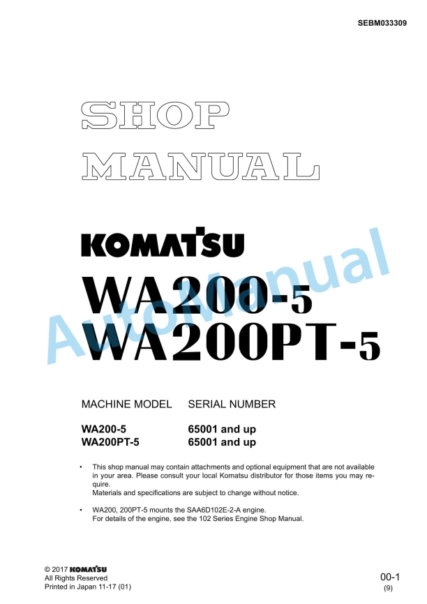 Komatsu WA200-5, WA200PT-5 Shop Manual SEBM033309