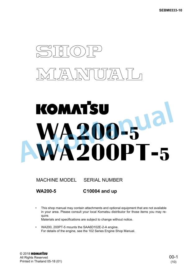 Komatsu WA200-5, WA200PT-5 Wheel Loader Shop Manual SEBM0333-10