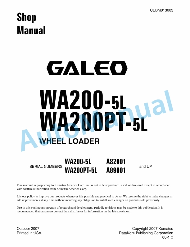 Komatsu WA200-5L, WA200PT-5L Wheel Loader Shop Manual CEBM013003