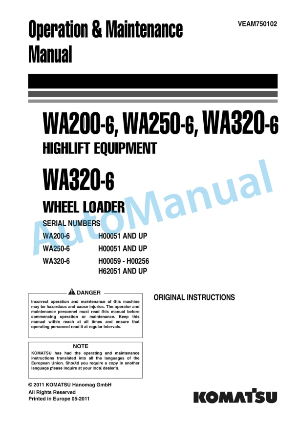 Komatsu WA200-6, WA250-6, WA320-6 Highlift Equipment, WA320-6 Wheel Loader Operation and Maintenance Manual VEAM750102