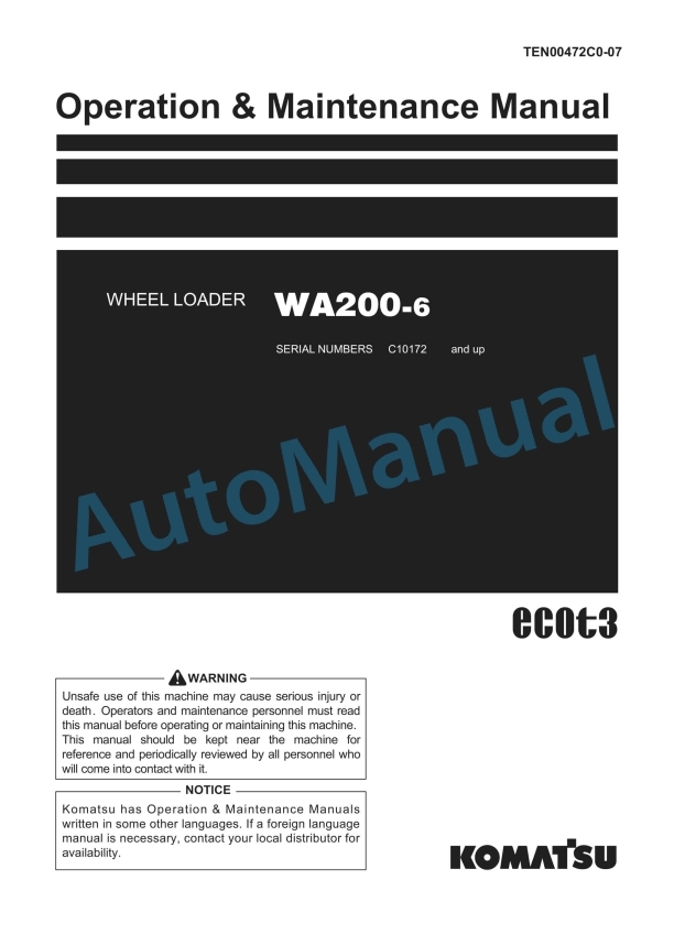 Komatsu WA200-6 Wheel Loader Operation and Maintenance Manual TEN00472C0-07