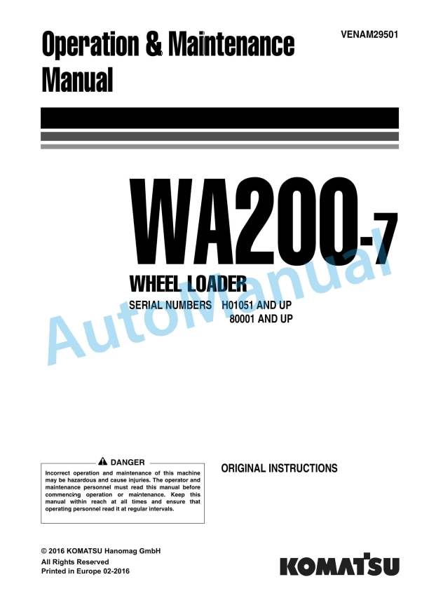 Komatsu WA200-7 Wheel Loader Operation and Maintenance Manual VENAM29501