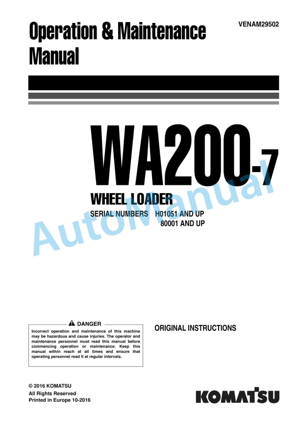 Komatsu WA200-7 Wheel Loader Operation and Maintenance Manual VENAM29502