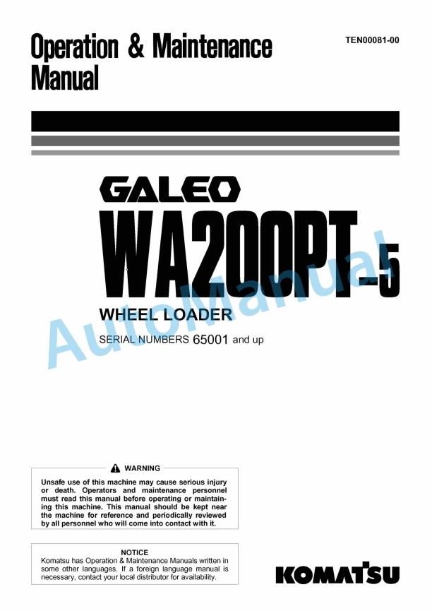Komatsu WA200PT-5 Galeo Wheel Loader Operation and Maintenance Manual TEN00081-00