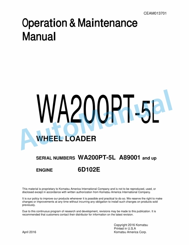 Komatsu WA200PT-5L Wheel Loader Operation and Maintenance Manual CEAM013701