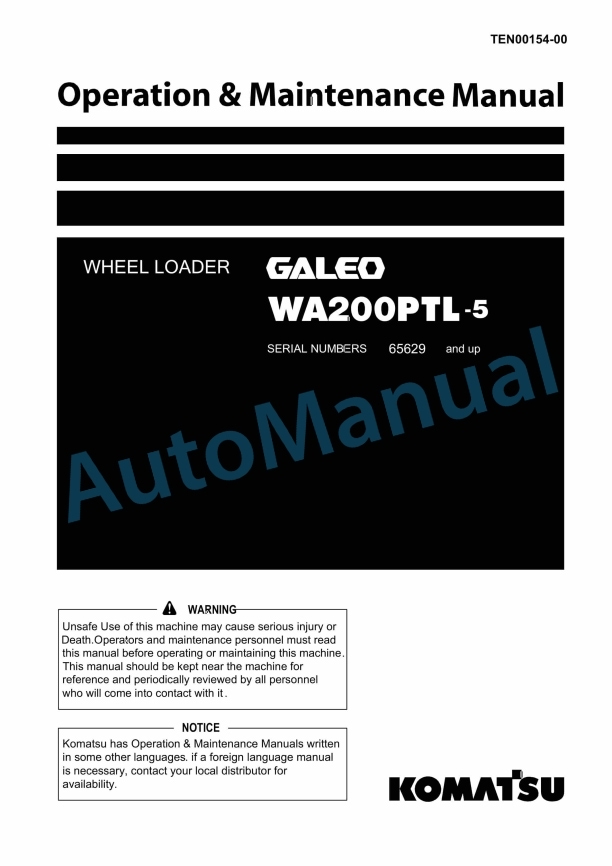 Komatsu WA200PTL-5 Galeo Wheel Loader Operation and Maintenance Manual TEN00154-00