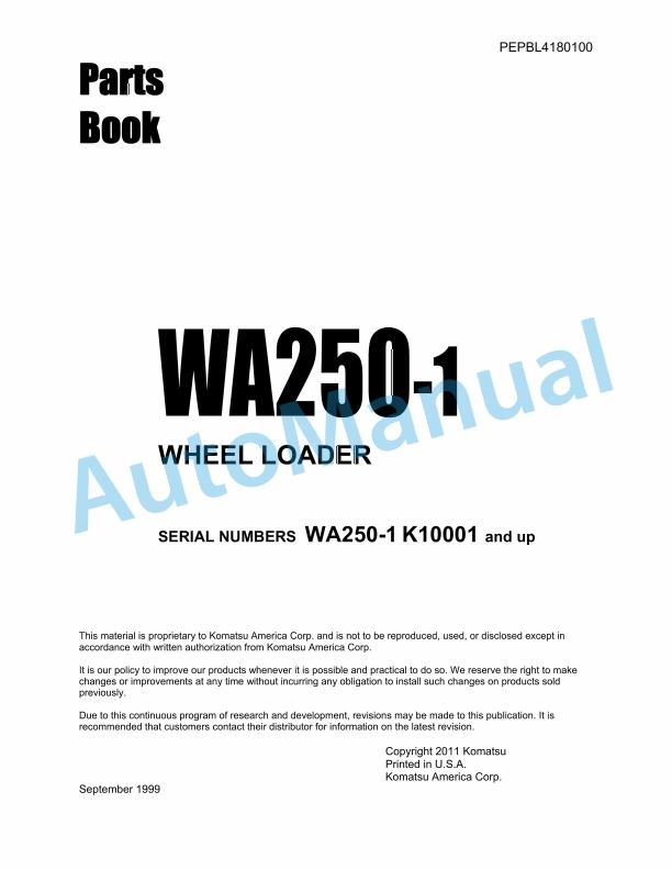 Komatsu WA250-1 Wheel Loader Parts Manual PEPBL4180100