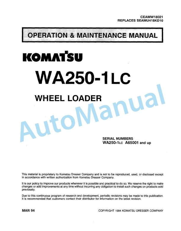 Komatsu WA250-1LC Wheel Loader Operation and Maintenance Manual CEAMW18021