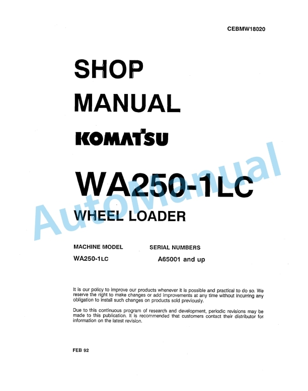 Komatsu WA250-1LC Wheel Loader Shop Manual CEBMW18020