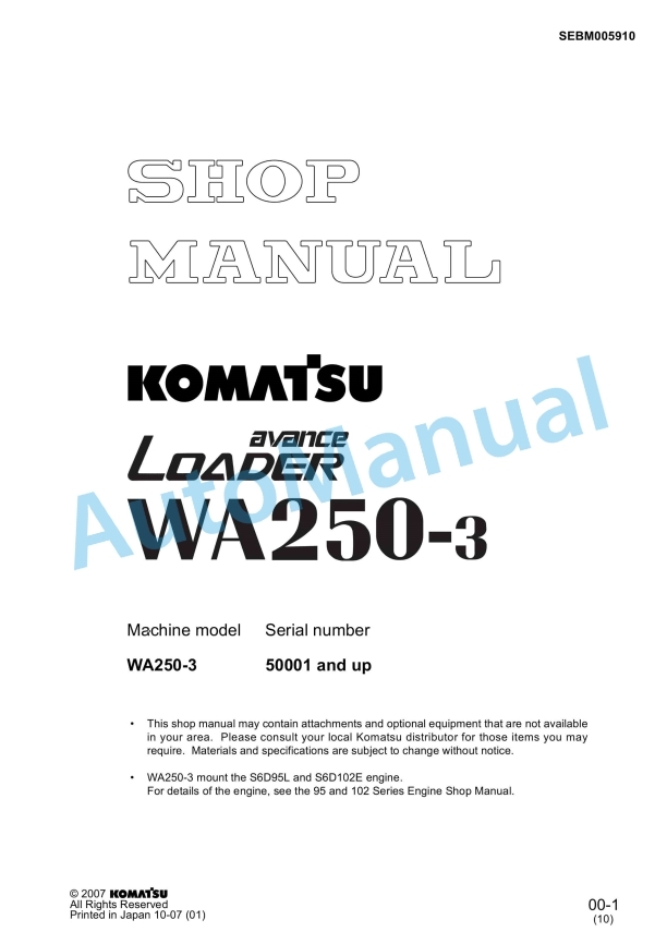 Komatsu WA250-3 Avance Loader Shop Manual SEBM005910