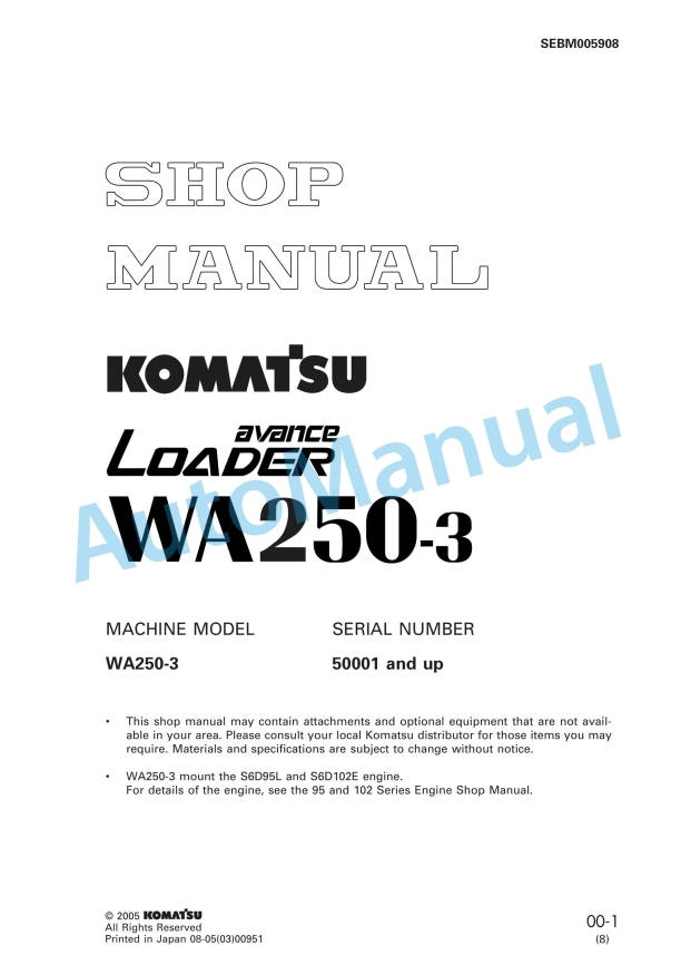 Komatsu WA250-3 Avance Wheel Loader Shop Manual SEBM005908