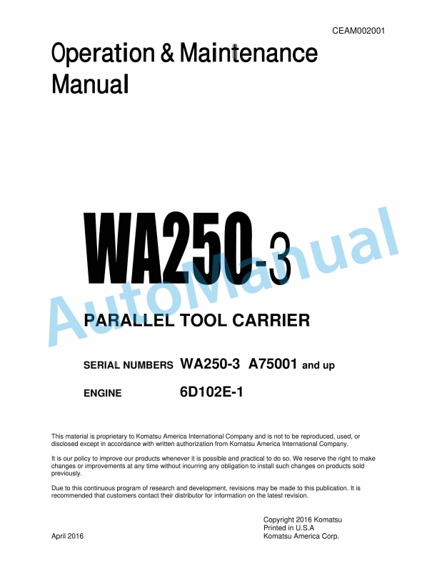 Komatsu WA250-3 Parallel Tool Carrier Operation and Maintenance Manual CEAM002001