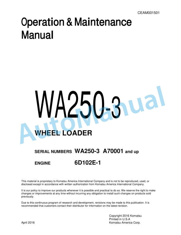 Komatsu WA250-3 Wheel Loader Operation and Maintenance Manual CEAM001501