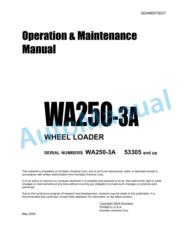 Komatsu WA250-3A Wheel Loader Operation and Maintenance Manual SEAM007503T