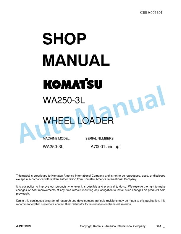 Komatsu WA250-3L Wheel Loader Shop Manual CEBM001301