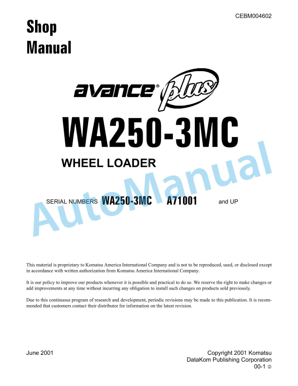 Komatsu WA250-3MC Avance Wheel Loader Shop Manual CEBM004602