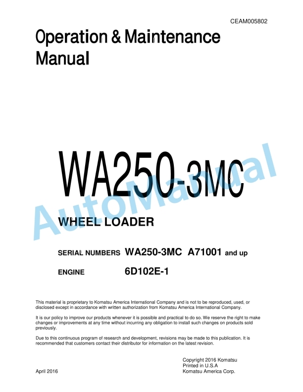 Komatsu WA250-3MC Wheel Loader Operation and Maintenance Manual CEAM005802