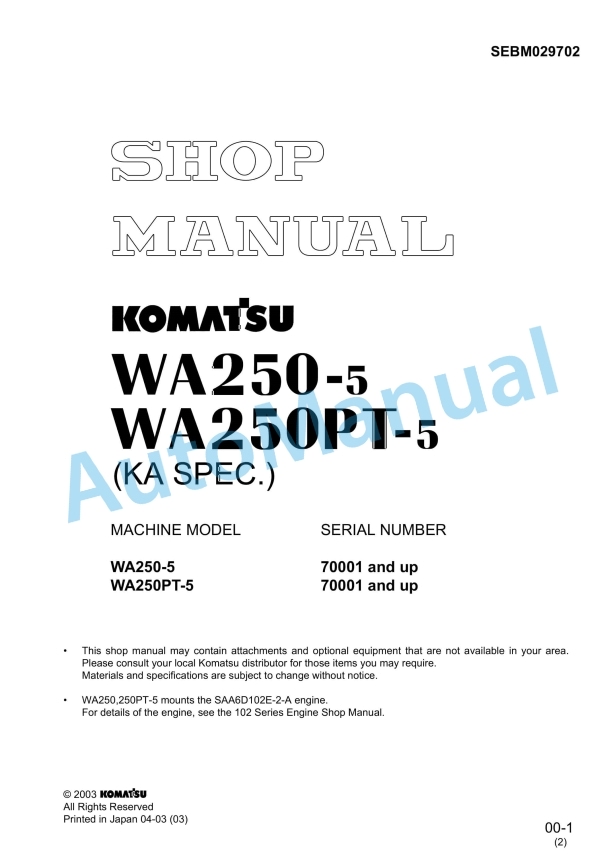 Komatsu WA250-5, WA250PT-5 Wheel Loader Shop Manual SEBM029702