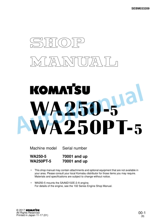Komatsu WA250-5, WA250PT-5 Wheel Loader Shop Manual SEBM033209