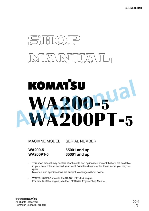 Komatsu WA250-5, WA250PT-5 Wheel Loader Shop Manual SEBM033310