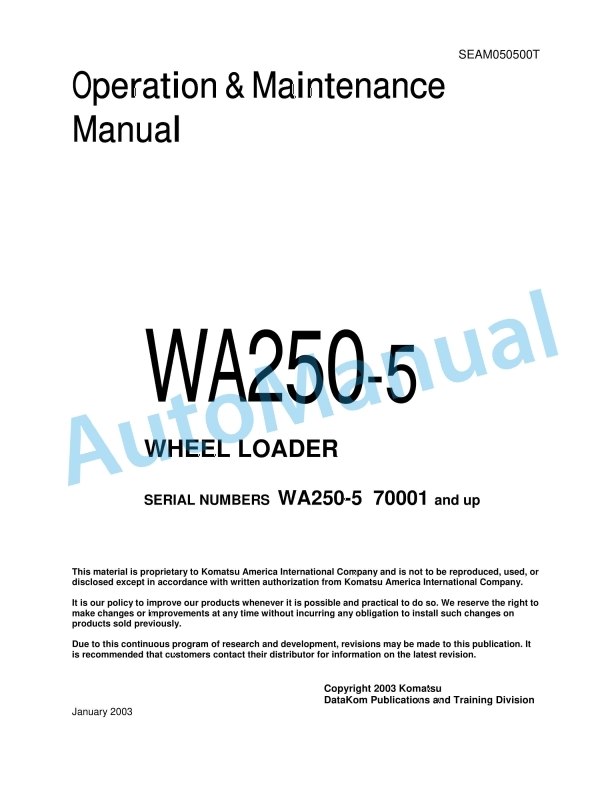 Komatsu WA250-5 Wheel Loader Operation and Maintenance Manual SEAM050500T