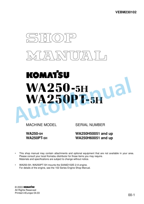 Komatsu WA250-5H, WA250PT-5H Wheel Loader Shop Manual VEBM230102