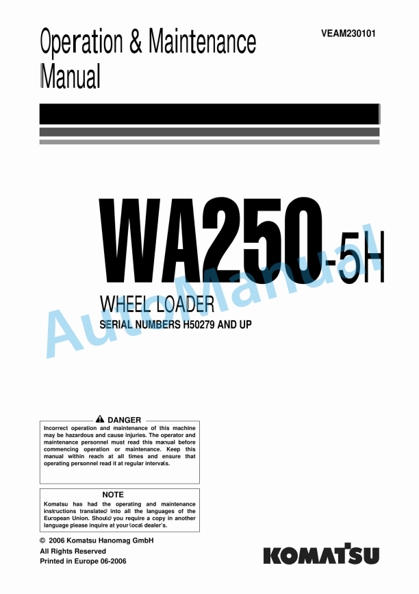 Komatsu WA250-5H Wheel Loader Operation and Maintenance Manual VEAM230101