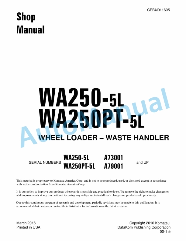 Komatsu WA250-5L, WA250PT-5L Wheel Loader, Waste Handler Shop Manual CEBM011605